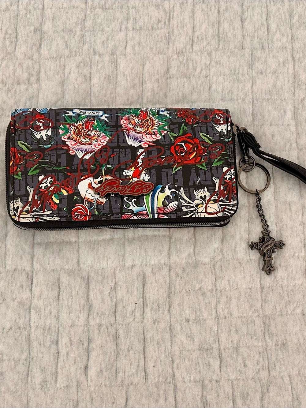 Ed Hardy Black Wallet with Red Rose and Green Tattoo Motifs